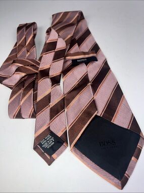 Boss Pink and Brown Diagonal Stripe Silk Tie